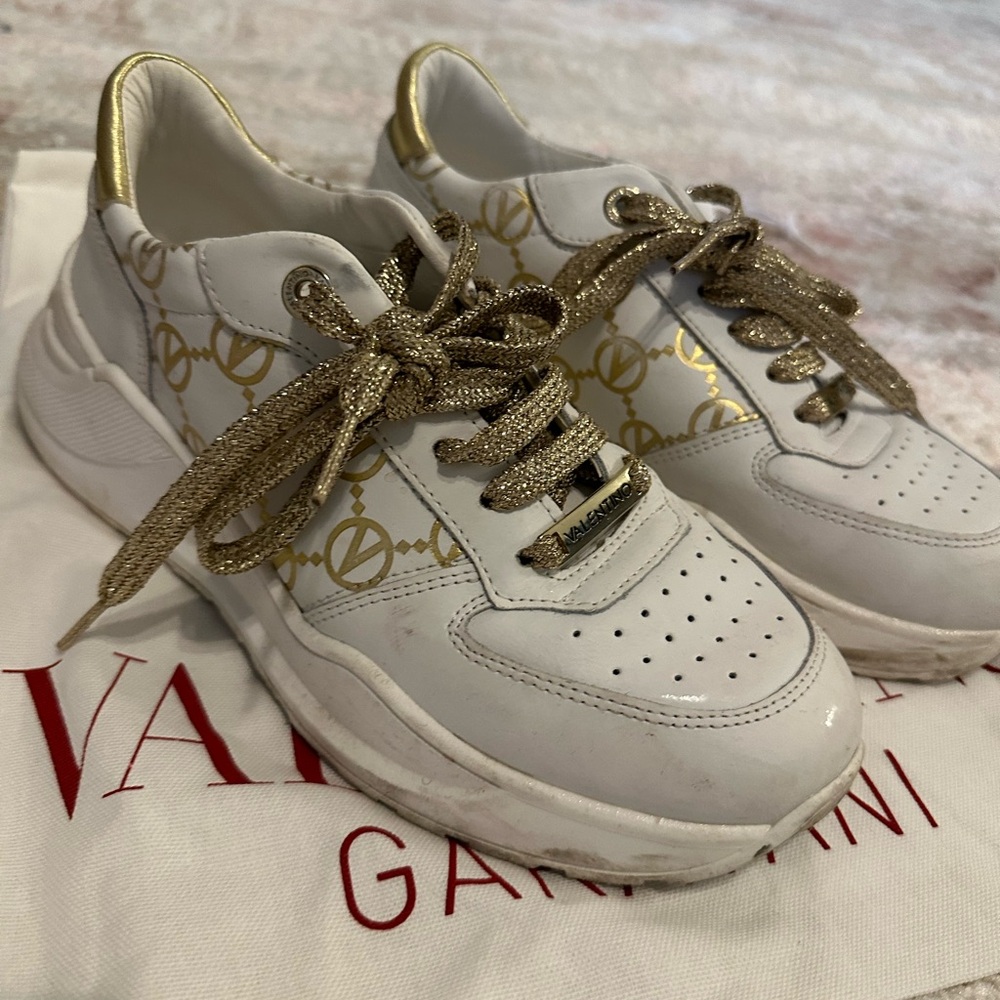 Valentino Women's White and Gold Logo Sneakers